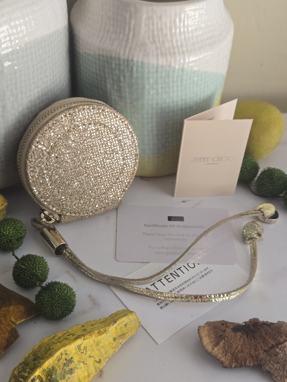 Jimmy Choo Rare Gold Glitter Round Coin Purse Pouch With Authenticity Card - Picture 4 of 13